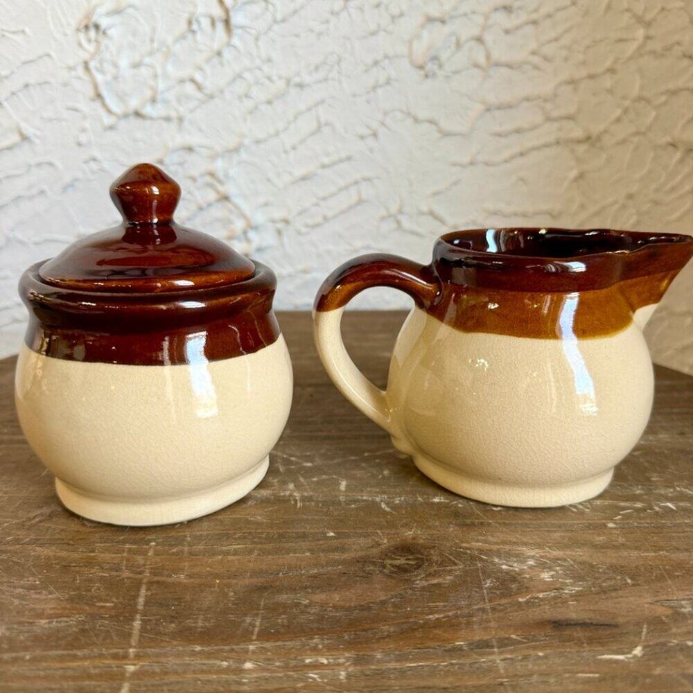 Vintage Stoneware Creamer & Sugar Bowl Set | Brown Drip Glaze Wheat Design - Picture 11 of 11